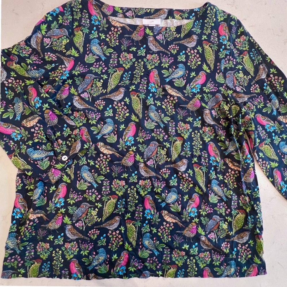 J Jill Bird Print Tunic Large Novelty Botanical Print Jewel Tones